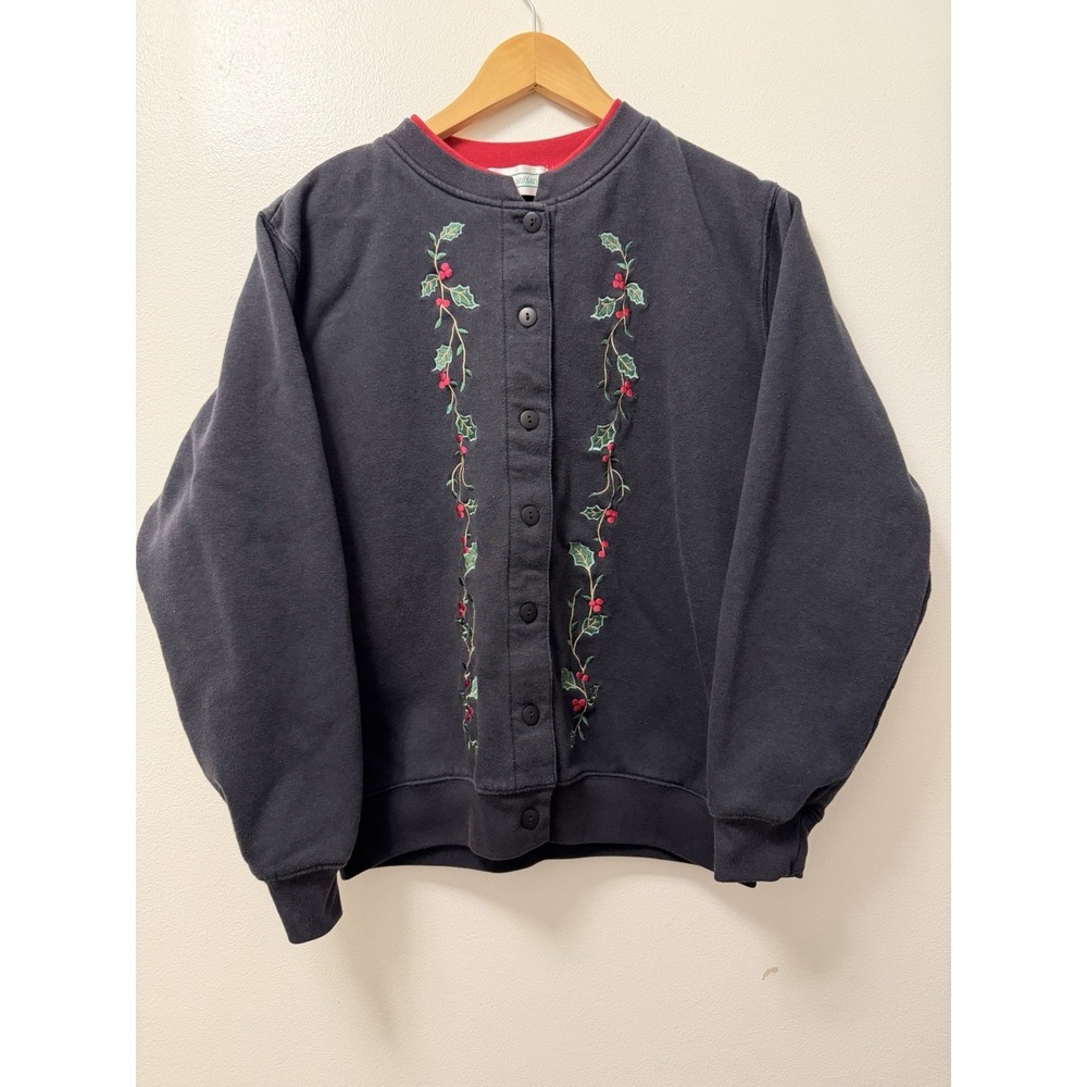 Vintage Shenanigans Medium Cardigan Sweatshirt Black Burgundy Poinsettia Buttons